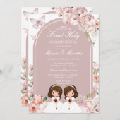 かわいいツインガールファースト聖体拝領ピンクフローラ 招待状 (正面/裏面)