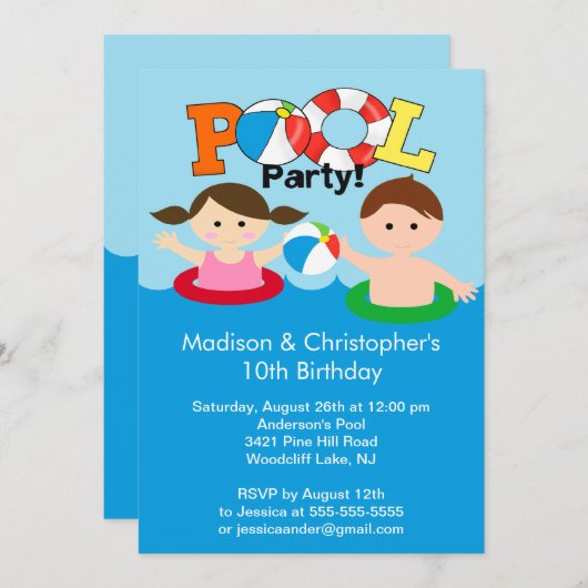 かわいいツインズプールパーティー誕生日招待状ガールボーイ 招待状 (正面/裏面)
