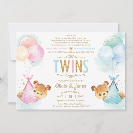 かわいいツインテディベアーガールボーイ男の子ベビーシャワーbyメール 招待状 (正面)