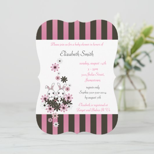 かわいいツインバニーピンクとブラックガールベビーシャワー 招待状 (スタンド正面)