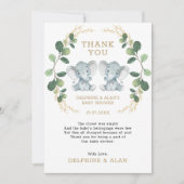 かわいいツイン象のベビー緑の金ゴールドの葉 サンキューカード (正面)