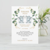 かわいいツイン象のベビー緑の金ゴールドの葉 サンキューカード (スタンド正面)