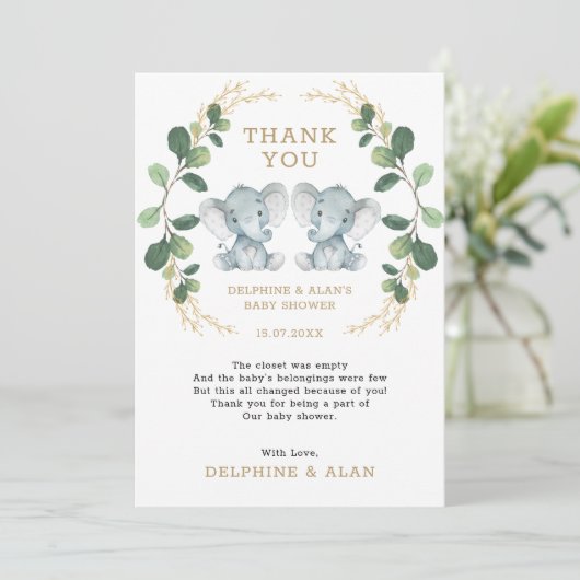 かわいいツイン象のベビー緑の金ゴールドの葉 サンキューカード (スタンド正面)