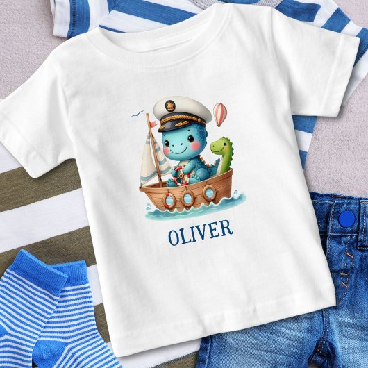 かわいいティラノサウルスの帆船船長 オーダーメイド ベビーTシャツ