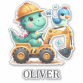 かわいいティラノサウルスの恐竜が建設車両を運転しています シール (正面)