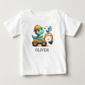 かわいいティラノサウルスの恐竜が建設車両を運転しています ベビーTシャツ (正面)