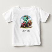 かわいいティラノサウルスの赤いトラクター ベビーTシャツ (正面)