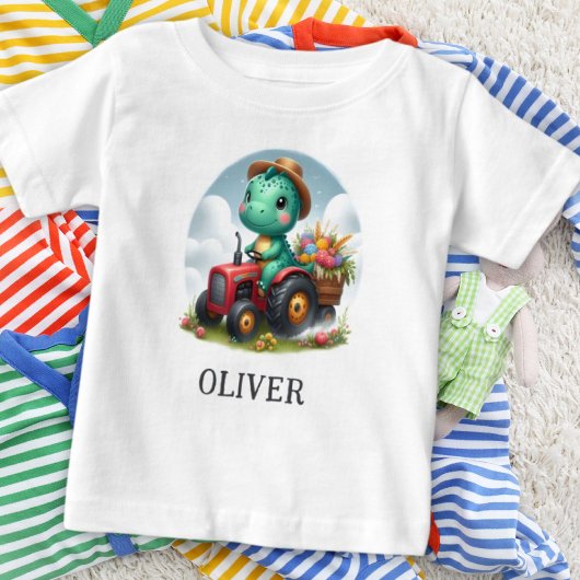 かわいいティラノサウルスの赤いトラクター ベビーTシャツ