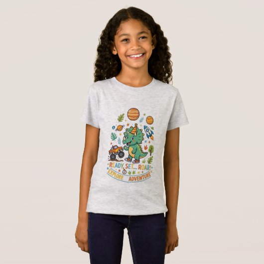 かわいいティラノサウルス恐竜の冒険キッズデザイン Tシャツ (正面フル)