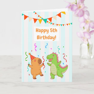 かわいいティラノサウルス+カピバラ 5歳の誕生日おめでとうカード カード