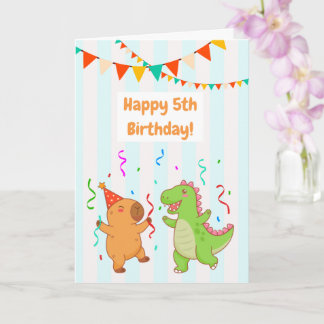 かわいいティラノサウルス+カピバラ 5歳の誕生日おめでとうカード カード