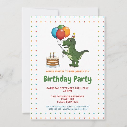 かわいいティラノサウルス・レックスのカラフルな誕生日バルーン 招待状 (正面)