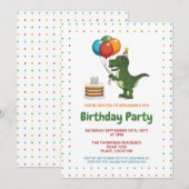 かわいいティラノサウルス・レックスのカラフルな誕生日バルーン 招待状 (正面/裏面)