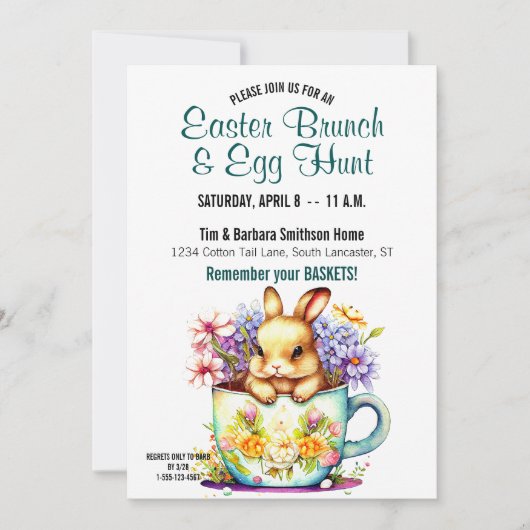 かわいいティーカップバニーフローライースターブランチ&エッグ狩り 招待状 (正面)