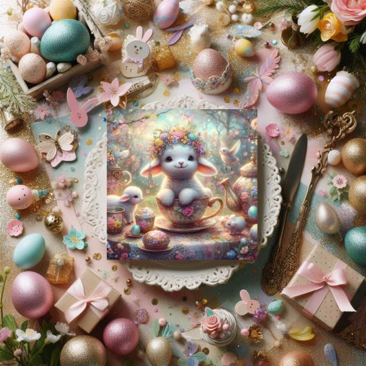 かわいいティーカップラムパステルフローラウォーターカラーイースター シーズンカード