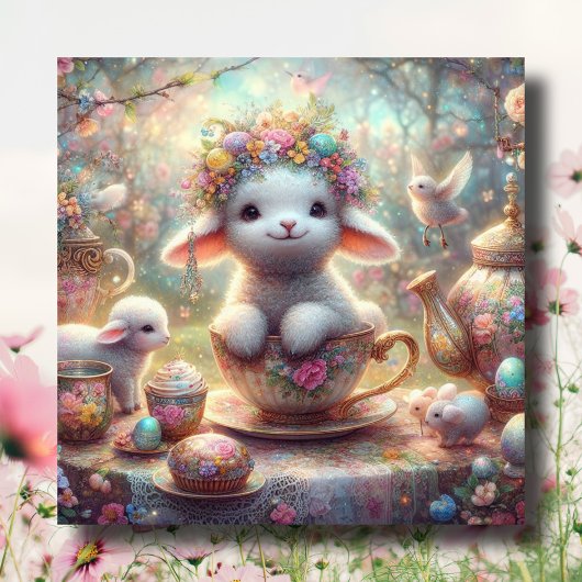 かわいいティーカップラムパステルフローラウォーターカラーイースター シーズンカード