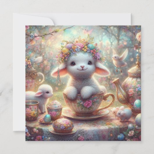 かわいいティーカップラムパステルフローラウォーターカラーイースター シーズンカード (正面)