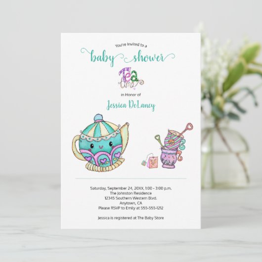 かわいいティータイムティール（緑がかった色）ベビーシャワー 招待状 (スタンド正面)