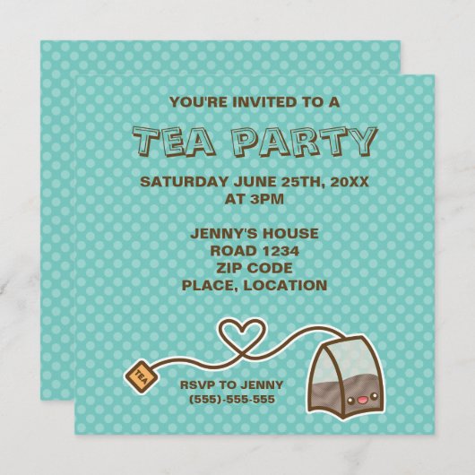 かわいいティーバッグティーパーティー 招待状 (正面/裏面)