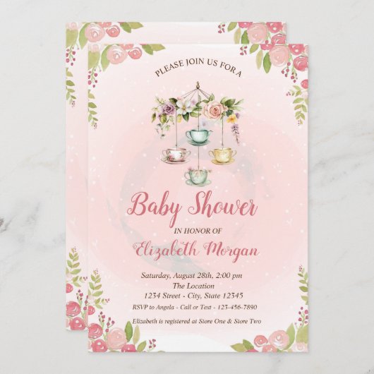 かわいいティーポット春の花ベビーシャワー 招待状 (正面/裏面)