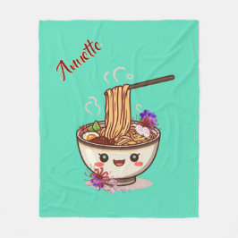 かわいいティールラーメン食器と日本の花のデザイン フリースブランケット