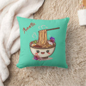 かわいいティール色のラーメン鉢 フローラル クッション (ブランケット)