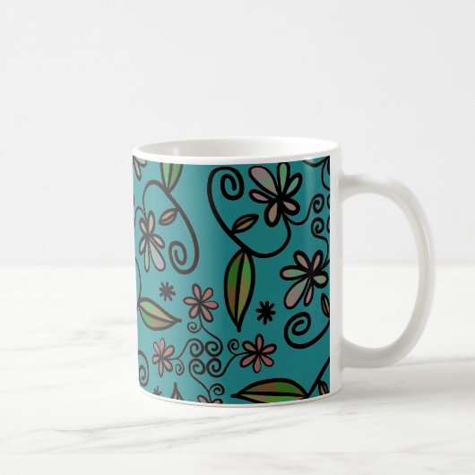 かわいいティール色の花柄 コーヒーマグカップ (右)