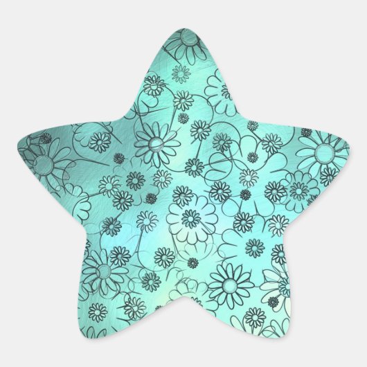 かわいいティール色の花柄 星シール (正面)
