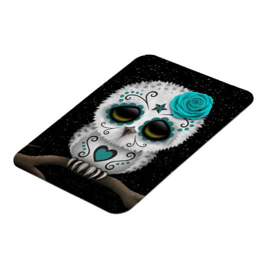 かわいいティール（緑がかった色）の日の死んだ砂糖のスカルフクロウ星 マグネット (左側)