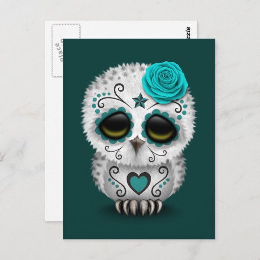 かわいいティール(緑がかった色)の日の死んだ砂糖スカルフクロウ ポストカード (正面/裏面)