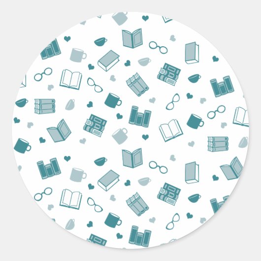 かわいいティール（緑がかった色）の本読と柄 ラウンドシール (正面)
