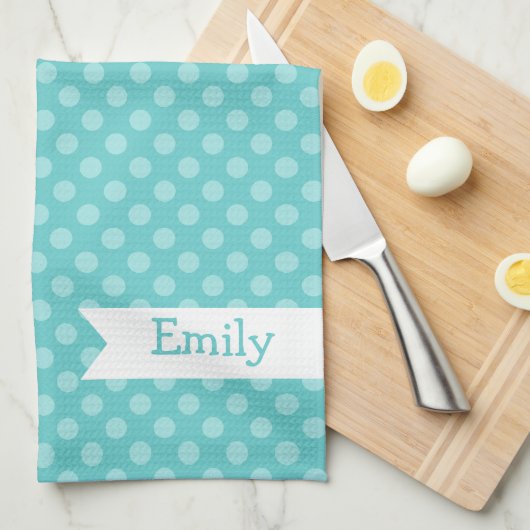 かわいいティール（緑がかった色）の水玉模様の台所タオル キッチンタオル (四つ折り)