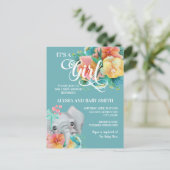 かわいいティール(緑がかった色)イエローピンクゾウ赤ちゃんシャワー ポストカード (スタンド正面)