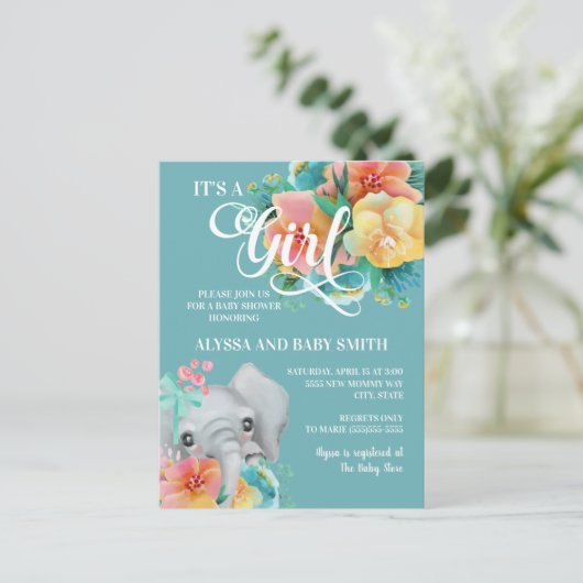 かわいいティール（緑がかった色）イエローピンクゾウ赤ちゃんシャワー ポストカード (スタンド正面)