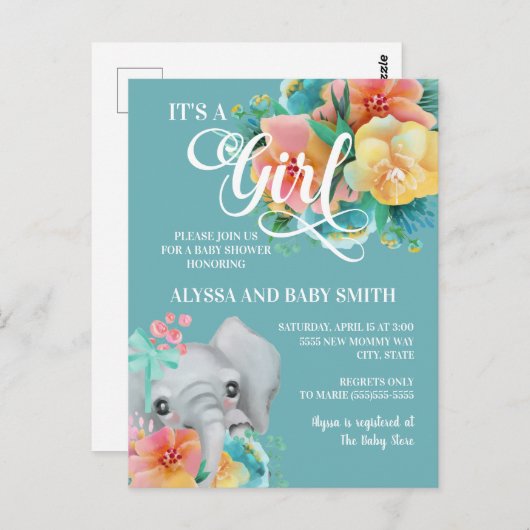 かわいいティール（緑がかった色）イエローピンクゾウ赤ちゃんシャワー ポストカード (正面/裏面)