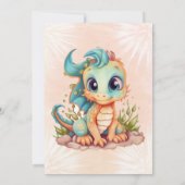 かわいいティール(緑がかった色)オレンジドラゴンボーイベビーシャワー 招待状 (裏面)