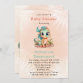 かわいいティール(緑がかった色)オレンジドラゴンボーイベビーシャワー 招待状 (正面/裏面)