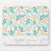 かわいいティール(緑がかった色)オレンジ色の葉の絵を描水色 マウスパッド (正面)