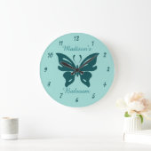 かわいいティール(緑がかった色)カスタムバタフライ女子のベッドルーム ラージ壁時計 (ホーム)