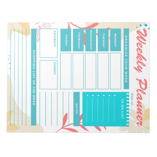 かわいいティール（緑がかった色）グリーンウィークリープランナーメモ帳 ノートパッド (正面)