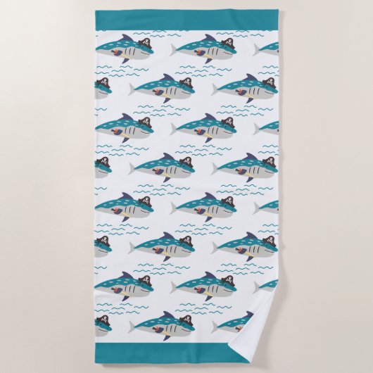 かわいいティール（緑がかった色）サメ海賊波シームレスなパターンキッズ ビーチタオル (正面)