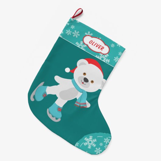 かわいいティール(緑がかった色)スノーフレークスケートで滑るベア ラージクリスマスストッキング (正面 (吊り時))