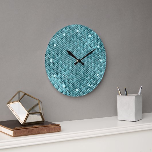 かわいいティール(緑がかった色)ターコイズブルーラフェイクタン織りパターン ラージ壁時計 (オフィス)