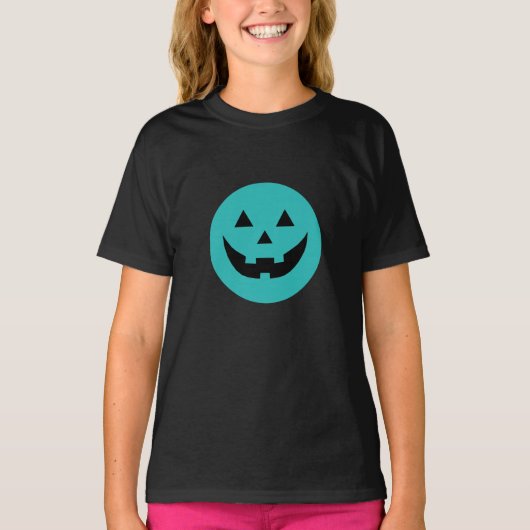かわいいティール（緑がかった色）ハロウィーンのカボチャのちょうちんカボチャ顔ハロウィン Tシャツ (正面)