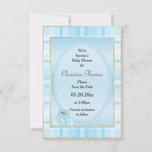 かわいいティール（緑がかった色）バニーは日付を保存ベビーシャワー セーブザデート (裏面)