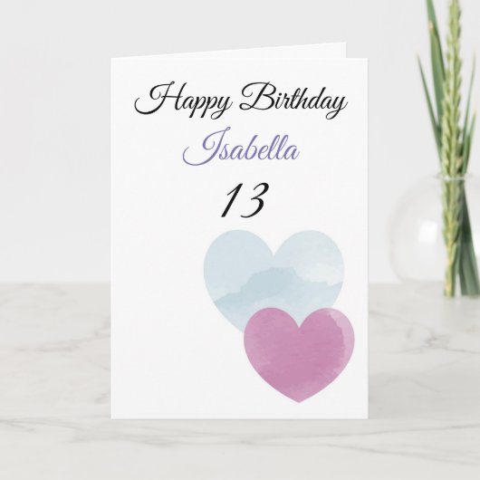 かわいいティール(緑がかった色)&パープルウォーターハート13誕生日 カード (正面)