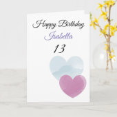 かわいいティール(緑がかった色)&パープルウォーターハート13誕生日 カード (黄色い花)