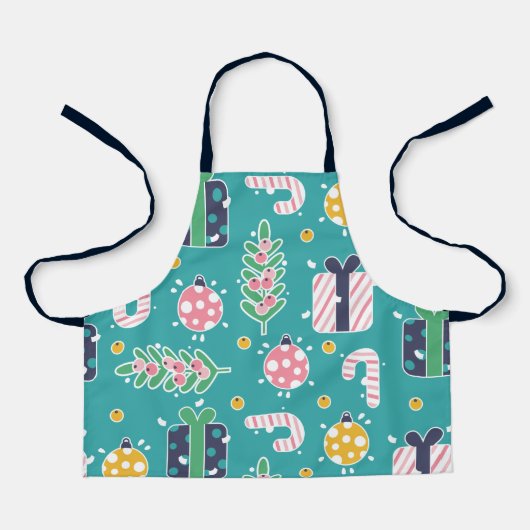 かわいいティール（緑がかった色）ピンクと黄色のクリスマスアイテム エプロン (正面)