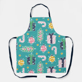 かわいいティール（緑がかった色）ピンクと黄色のクリスマスアイテム エプロン (正面)