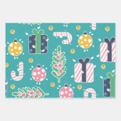 かわいいティール（緑がかった色）ピンクと黄色のクリスマスアイテム ラッピングペーパーシート (正面2)